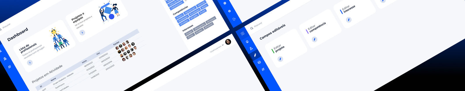 Plataforma de mapeamento de pessoas e competências — Bizdirect. Interface de dashboard, perfis e formação de equipas.